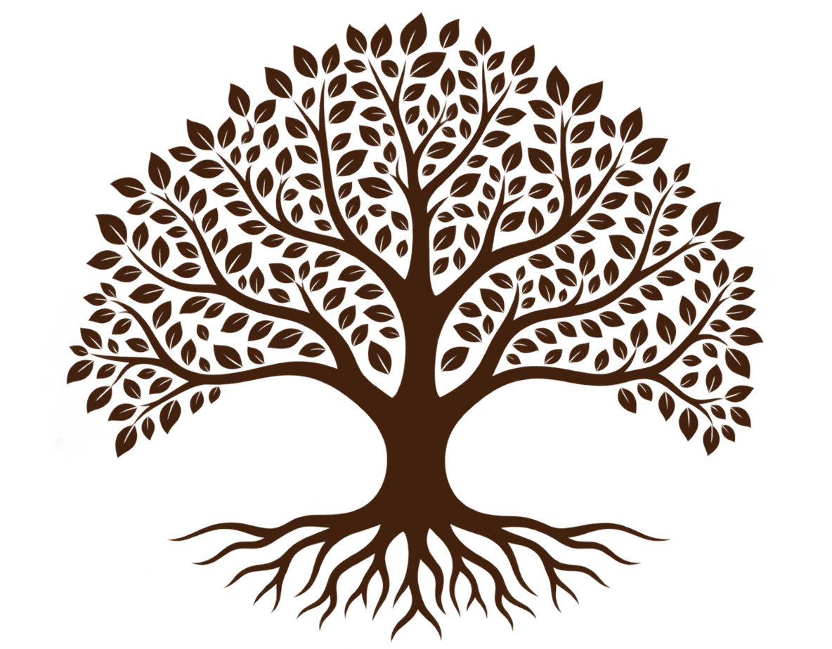 Dark brown Tree of Life with spreading branches, leaves, and roots