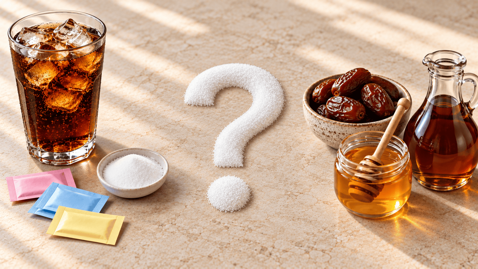 Artificial Sweeteners Post Hero Image Artificial sweetener packets, soda, dates, honey, and maple syrup surrounding a question mark made of sugar crystals