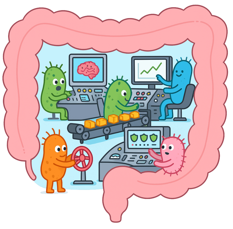 A cartoon image of microbes working on computers inside the gut