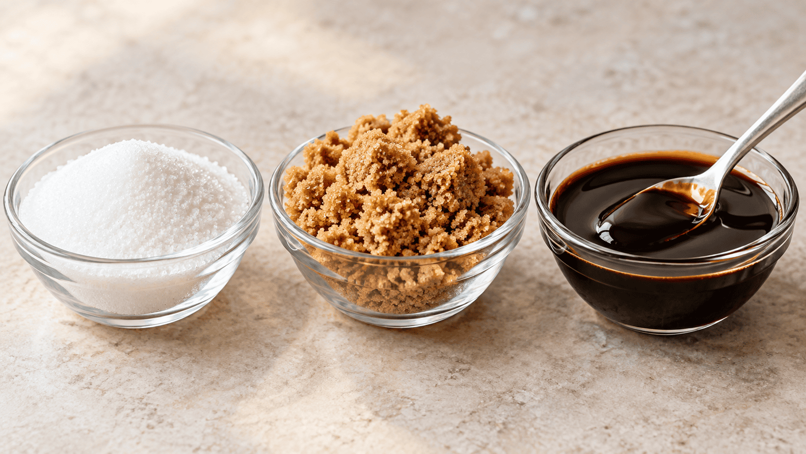 White sugar, brown sugar, and molasses in bowls Three glass bowls containing white sugar, brown sugar, and dark molasses, with a spoon resting in the molasses