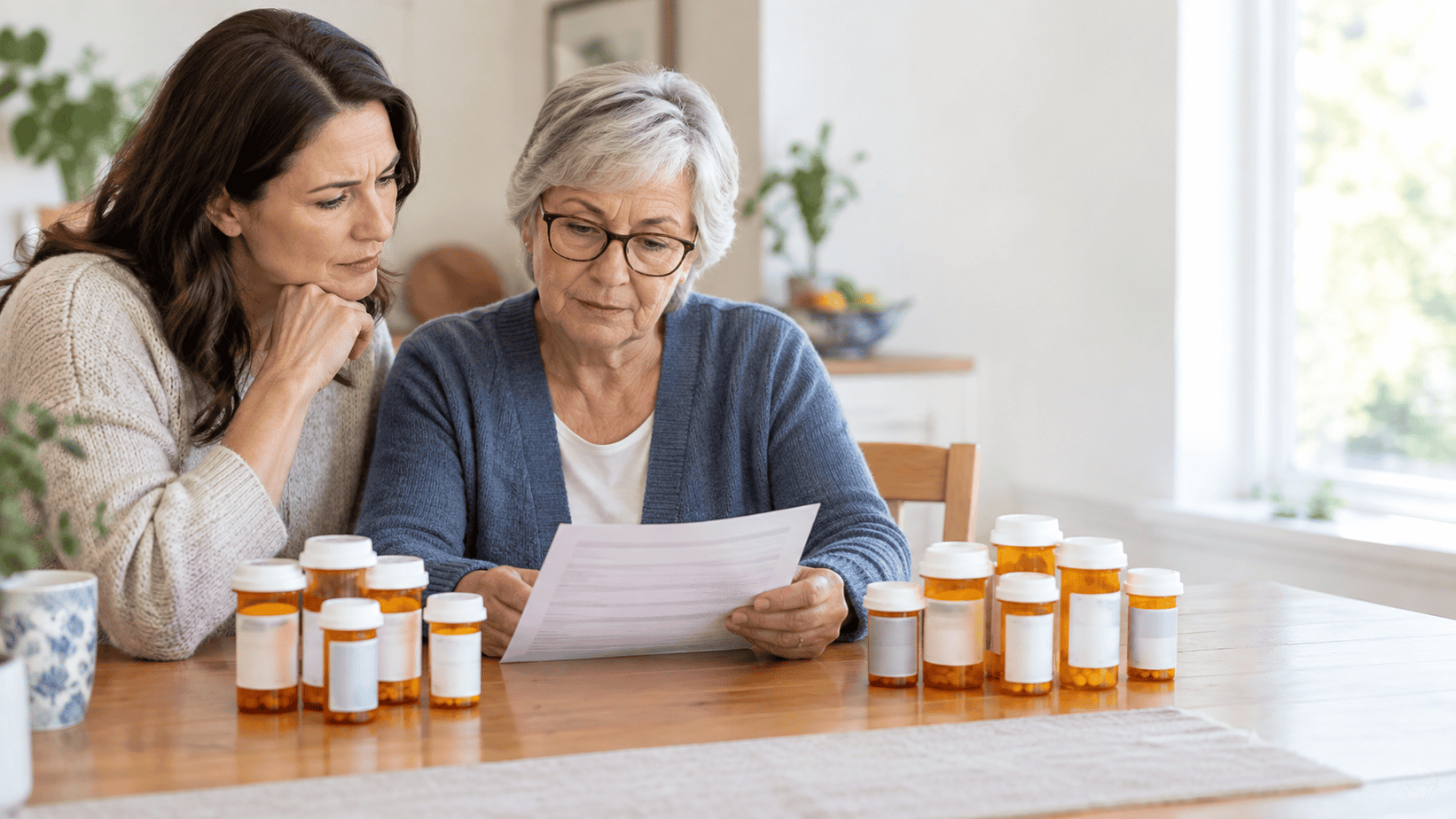 Younger woman and older woman with prescriptions Daughter and mother reviewing numerous prescription bottles and a printed list for the prescribing cascade