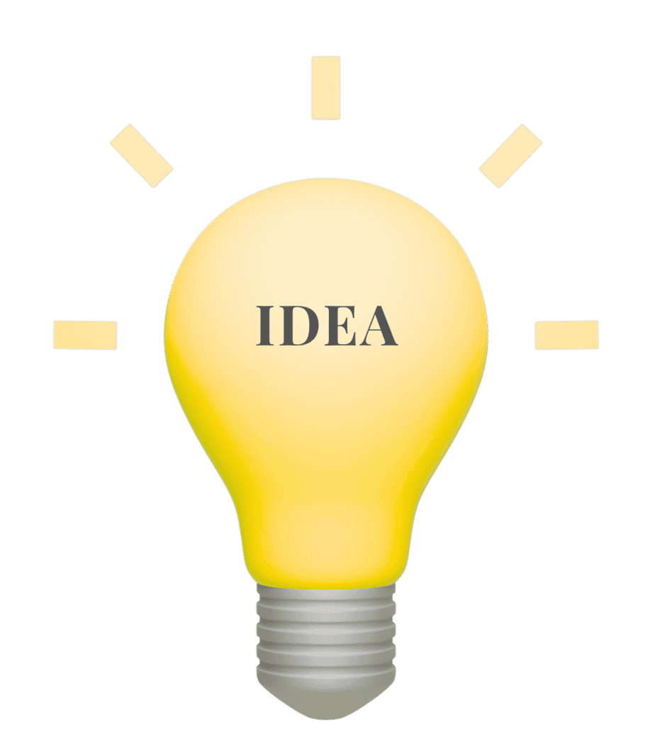 A bright yellow light bulb with lines coming from it to represent rays of light and "IDEA" on the bulb