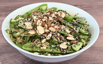 Sesame Snow Pea Salad with Cucumber and Ginger Dressing